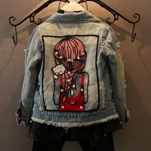 Cartoon Girls Embroidery Kids Girls Denim Jacket Coats Tassel Sequin Children Jeans Outerwear Clothes Single Breasted Girls Coat