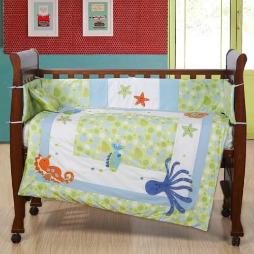 7PCS embroidered 100% cotton baby bedding set cama infantil unpick and wash cot bedding set ,include(bumper+duvet+sheet+pillow)