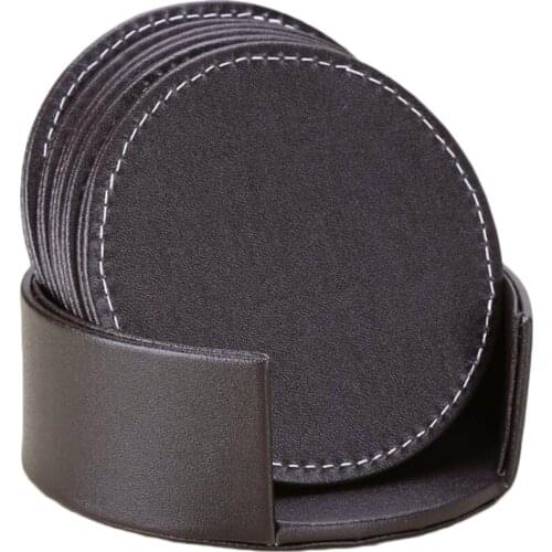 Brown PU Leather Drink Coasters Set of 6 Glass Mug Cup Mats Pats Table
