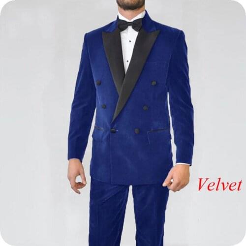 Smoking Jacket Royal Blue Velvet Mens Classic Suits Wedding Black Peak Lapel Groom Tuxedo 2Piece Costume Homme Terno Masculino