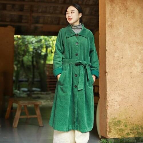LZJN Solid Women Corduroy Jacket 2020 New Arrival Autumn Winter Female Casual Long Loose Outwear Coats with Belt