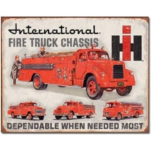 International Fire Truck Chassis Service Garage Disstressed Retro Metal 20X30 Tin Sign