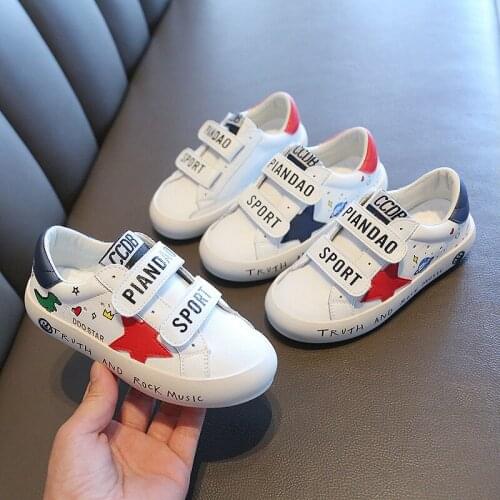 2021 Spring and Autumn New Fashion Childrens Wild Stars Boys Cartoon Graffiti Kids Girls' White Shoes