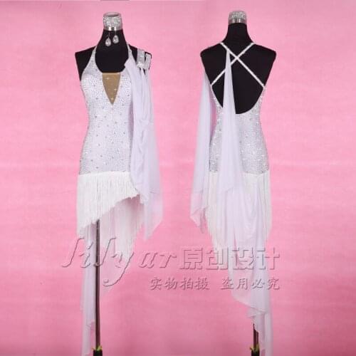 Women New Sexy Tassel Latin Dance Dress High Grade White Shiny Rhinestone Lrregular Dresses For Ladies Girls Latin Dance Costume