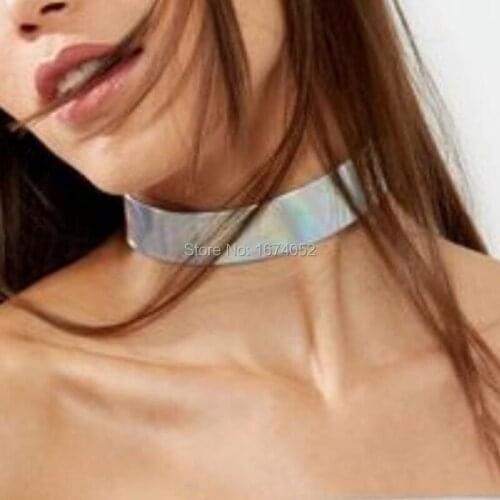 Harajuku Lolita Handmade Plain Basic Laser Choker Buckle Collar Thin PU Leather Holographic Necklace