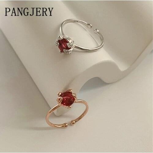 PANGJERY 925 Sterling Silver Red Zircon Opening Rings for Women Couples Elegant Charming Cute Cat Party Jewelry Gifts