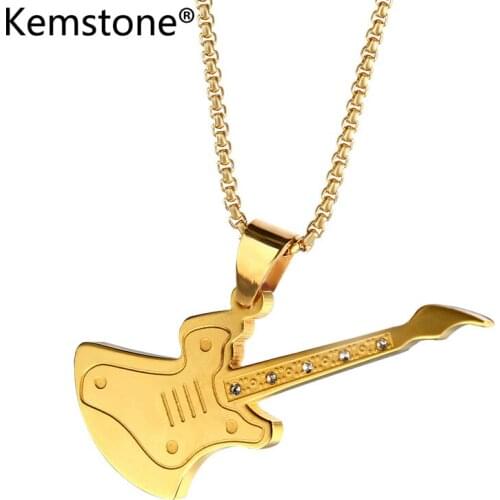 Kemstone Gold Silver Plated Zircon Rock Guitar Stainless Steel Pendant Necklace Jewelry Gift for Men Women Music Enthusiast