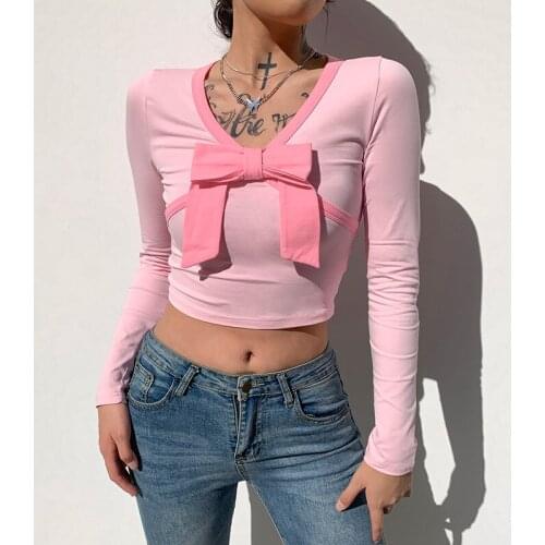 SEASONS Baby Pink Y2K Top 2021 Fashion Women T Shirt Big Bow 2000s Aesthetic Cute Kawaii V Neck Long Sleeve Slim Tees ASTS82618