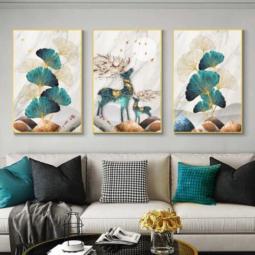 Nordic Gold Elk Leaf Canvas Interior Paintings Abstract Landscape Deer Wall Art Posters Prints Decorative Pictures Home Decor
