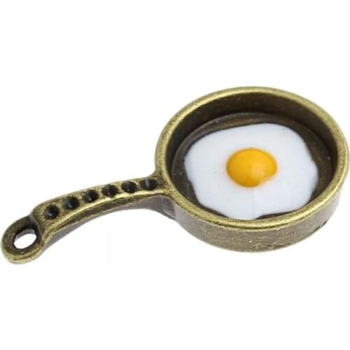 DoreenBeads Charm Pendants Frying Pan Eggs Antique Bronze(Can Hold ss4 Rhinestone)Enamel White & Yellow 3.2cm x 1.7cm,10PCs