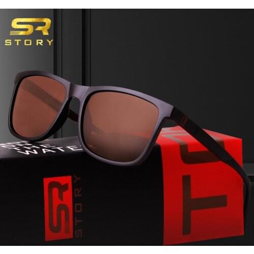 STORY Men Polarized Sunglasses UV400 Lens High Quality Brand Designer TR90 Square Frame Brown Classic Sun Glasses Male Goggles