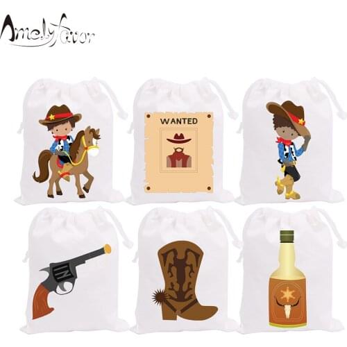 Cowboy Theme Party Favor Bags Candy Bags Boys Birthday Vacation Birthday Gift Bags Western Cowboy Party Container Supplies 6PCS