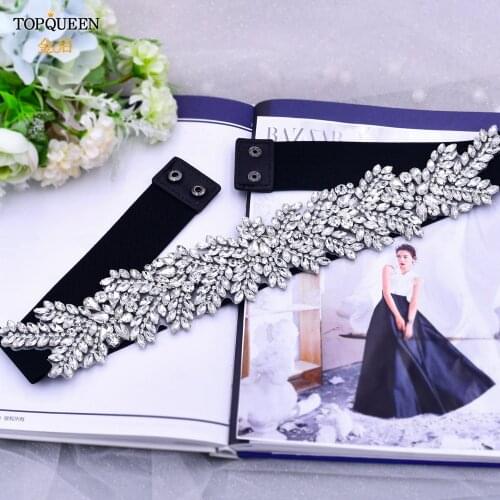 TOPQUEEN S420 Elastic Belt Rhinestone Belt Sequin Beads Belts Diamond Sash Belt Plus Size Dressy Belts for Women Ribbon Belt