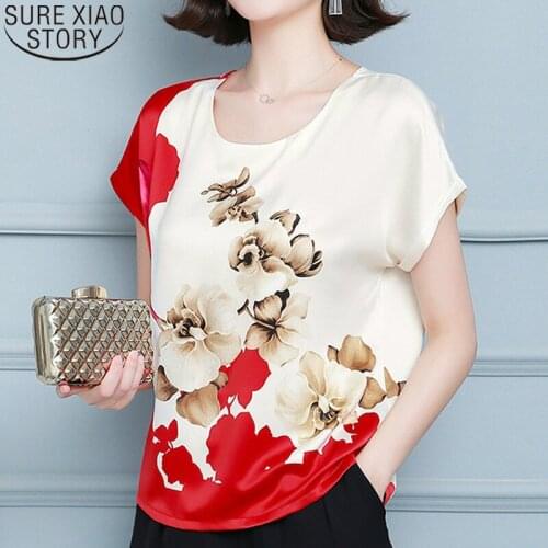 Blusas Mujer De Moda 2021 Fashion Silk Blouses Casual Satin Shirts Plus Size Summer Short Sleeve Print Office Lady Tops 10182