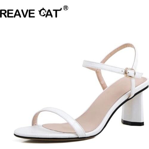 REAVE CAT Black High heels Sandals 2021 Summer Shoes Women Fashion Open toe Buckle Casual 7cm Chunky Square Heel Female Shoes