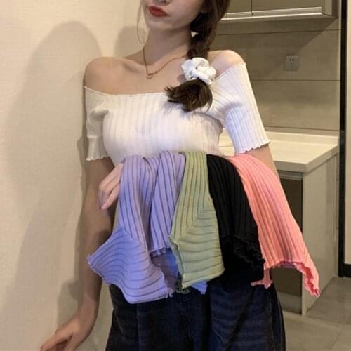 New Knitted 2021 Off Shoulder Stretchy Ruffles Hem Stripe Pullover Summer Women Crop Tops Slim Short Sleeve Sexy Fashion Jumper