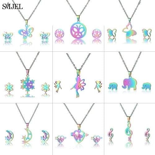 Bijoux Stainless Steel Necklaces for Women Rainbow Color Jewelry Sets Simple Snowflake Girls Butterfly Heart Music Earrings Bulk