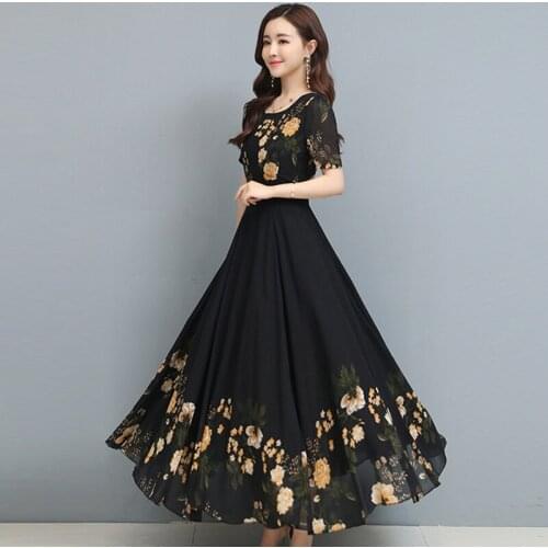 Vestidos Women Dress Summer Elegant Chiffon Floral Print Short Sleeve O-neck Long A-line Sukienki Party Robe 3669