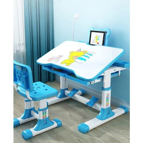 Kids Desk and Chair Set, Height Adjustable Children Study Table with Led Light, Wood Portable Tilted Table Top, for School Blue