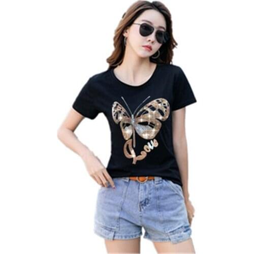 Cotton Summer Diamond Tees Tops Woman Plus Size Short Sleeve Oversized T shirt Big Girls Clothing Tshirt Butterfly White 2021