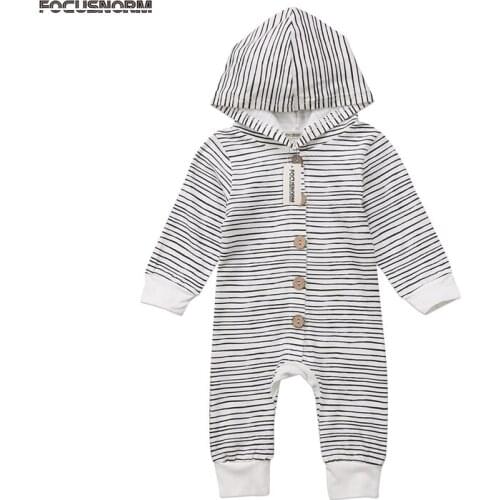 Newborn Toddler Baby Girls Boys Cotton Casual Long Sleeve Hooded Single Breasted Striped Romper Jumpsuit Playsuit Outfit 0-24M