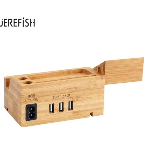 JEREFISH 3 in 1 Mobile Phone Charger+Wood Holder Universal 3 Port USB Charging Dock Stand Charging For Watch iPhone Samsung
