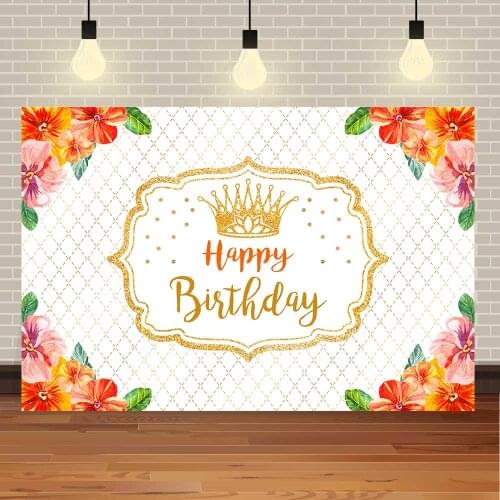 Seekpro Happy Birthday Colourful Watercolor Flowers Baby Shower Crown Orange Princess DIY Backdrop Photography Background