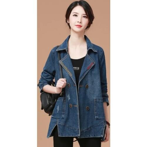 2021Spring Autumn New Suit Collar Denim Short Jacket Women Loose Female Owboy Coat Double Breasted Large Size Jeans Outwear A210