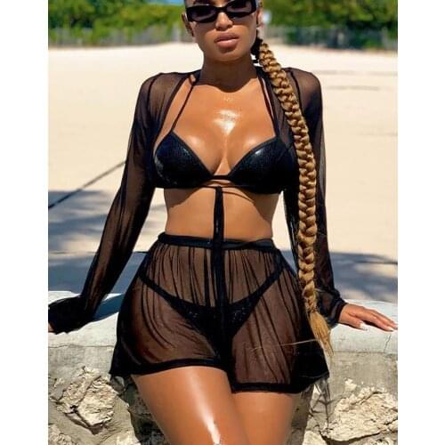Summer Women 2pcs Long Sleeve Cover-Ups Sets Bikini Cover Up Ladies Sexy Top + Swim Shorts Beach Ladies Swimsuits Bathing Suit