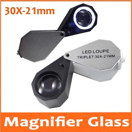 30X 21mm Metal Diamond Jewelry Optical Glass Appreciation of Antique Collection Appraisal Magnifier Loupe with 6pcs LED lights