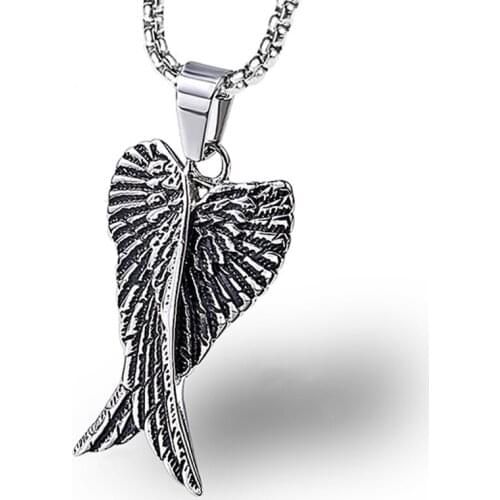 RIR Retro Fashion Jewelry Men Women Silver Color Angel Wing Feather Pendant Stainless Steel Funk Rock Style Necklace Best Gifts