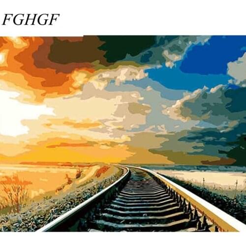 FGHGF Frameless Train Track DIY Painting By Numbers Landscape Calligraphy Painting Acrylic Picture On Canvas For Home Decor