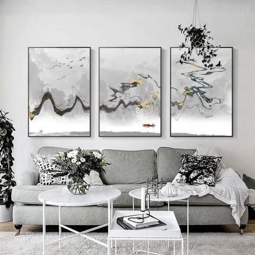 New Chinese Ink Zen Canvas Painting Abstract Minimalistic Black White Ripple Reflection Wall Art Pictures For Living Room Decor