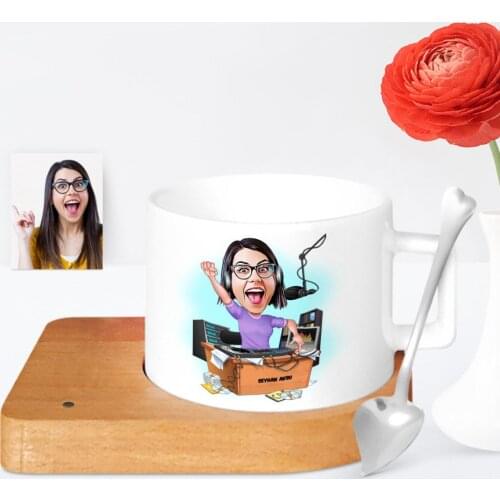 Personalized Women 'S Radio Broadcaster Cartoon Wooden Altlıklı Ceramic Cup-1
