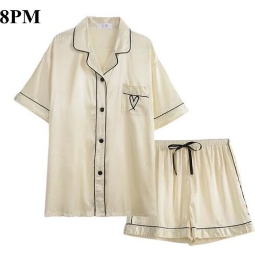Silk Satin Pajamas Women Ice Sleepwear Short-Sleeve Shorts Suit Nightwear Pink Homewear ouc1060