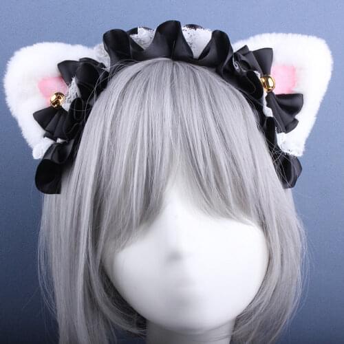 Plush Lace Cat Ears Gothic Lolita Cosplay Headband Anime Party Costume Bow Tie Bell anime Halloween Accessories