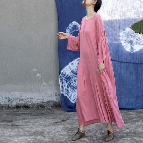 QPFJQD Women Loose Cotton Long Dresses O Neck Solid Color 2020 Autumn Summer Retro Soft Women Clothing Dress Nine Sleeve