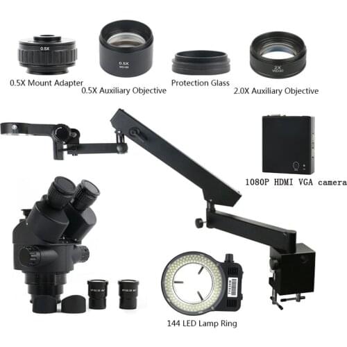 Adjustable Direction Articulating Arm Pillar Clamp 3.5X-90X Zoom Simul Focal Trinocular Microscope1080P HD HDMI VGA Video Camera