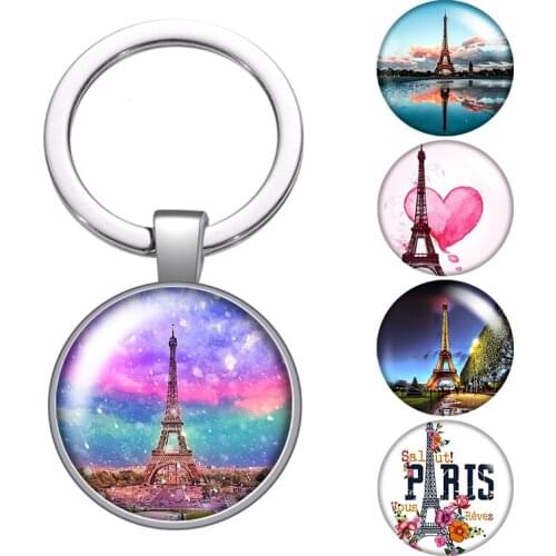 Romantic Eiffel Tower Love Paris glass cabochon keychain Bag Car key Rings Holder Charms silver plated key chains Men Women Gift