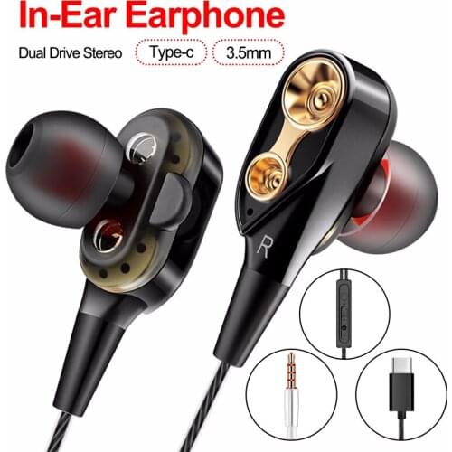 Type C Dual Drive Stereo Wired Earphone 3.5 mm In-ear Headset Earbuds Super Bass Earphones For Huawei Xiaomi With Mic