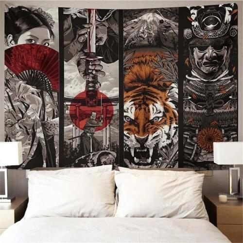 Japanese Style Samurai Sword Japanese Geisha Tiger Tapestry Wall Hanging Dorm Decor Large Wall Tapestry Picnic Beach Blanket