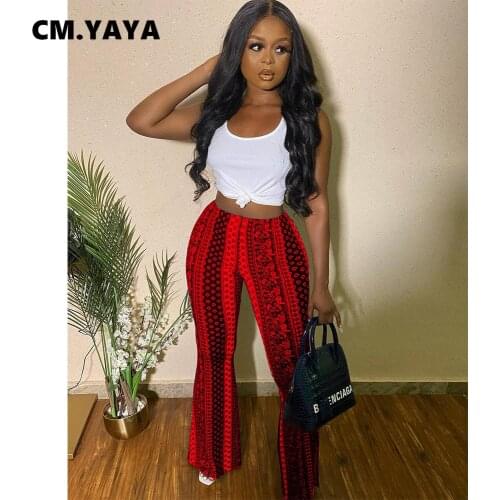 CM.YAYA Women Pants Bandanna Paisley Print Mid Waist Strechy Long Flare Pants Female Fashion Streetwear Summer Trousers 2021