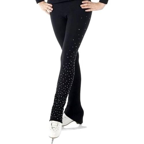 Womens Girls Ice Figure Skating Practice Long Pants Skate Footless Tights Leggings Black with Crystal