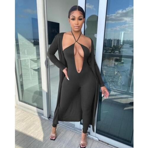 Thin Straps Halter Deep V Neck Long Jumpsuit Bodycon Sleeveless Romper+Ribbed Knitted Long Sleeve Cardigan Womens 2PCS Outfits