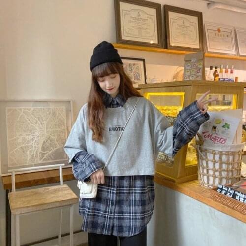 2020 new plaid stitching ladies pullover long-sleeved shirt loose Korean style five sizes