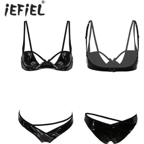 Women Patent Leather Hollow Out Sexy Lingerie Set Underwear Nightwear Unlined Underwired Bra Top with G-string Brief Suits
