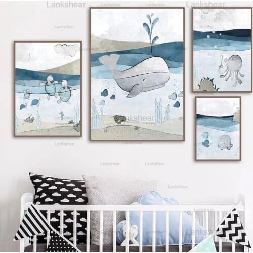 Cartoon Canvas Painting Blue Sea Whale Turtle Octopus Wall Art Nordic Posters and Prints Wall Pictures Girl Boy Kids Room Decor