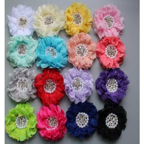 120pcs/lot new 3" lace flower beaded chiffon lace flower for headband 16color U pick for girls hair accessories