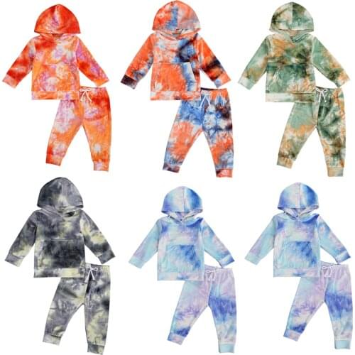 2Pcs Infant Baby Girl Boy Tie-dye Outfits Toddler Long Sleeve Front Pocket Hoodie Drawstring Trousers Spring Autumn Set 1-6Y