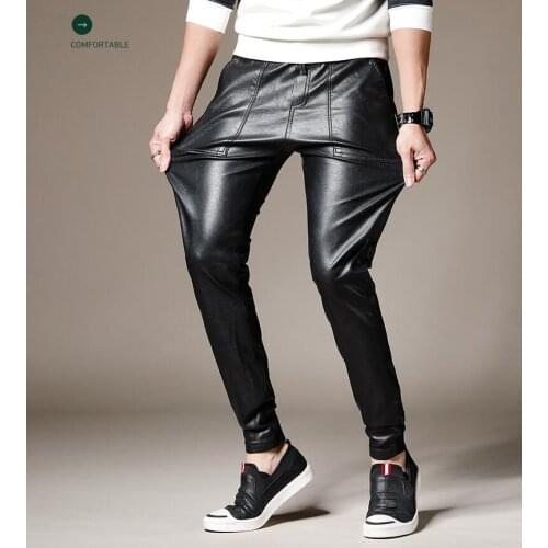 Summer thin leather pants mens feet pants fashion casual motorcycle pu trousers for men personality pantalon homme black